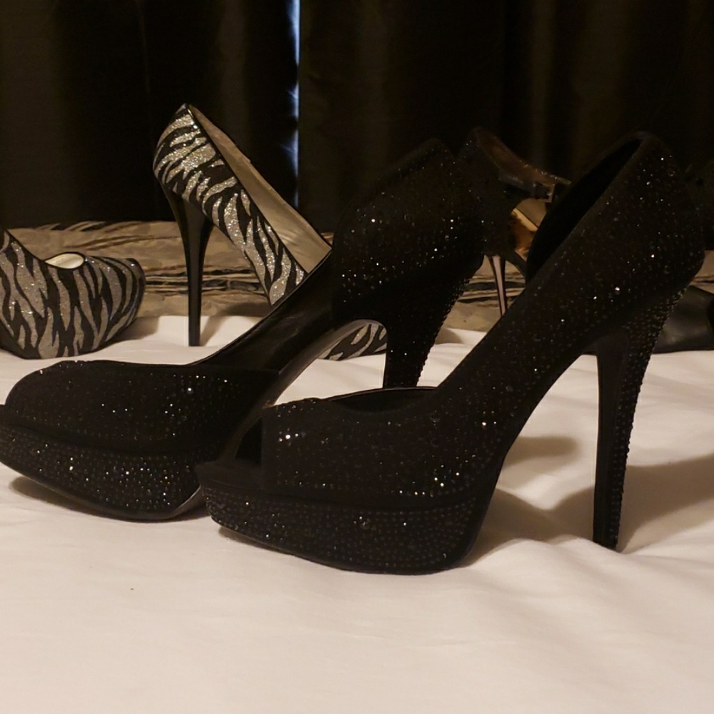Black rhinestone platform heels